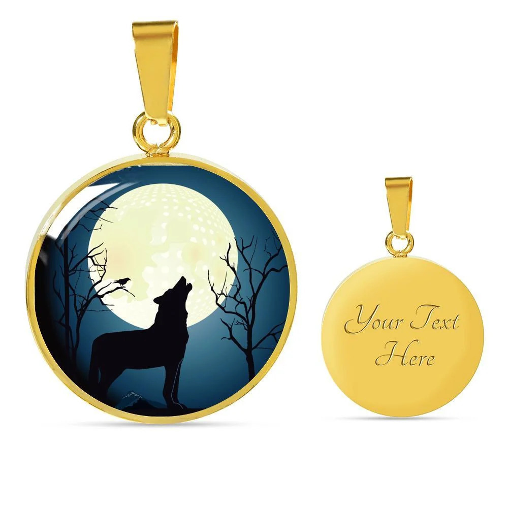 Wolf Circle Necklace Howling At The Moon NightPersonalized Engraved Gold Circle